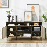 TV stand and media entertainment center console with open shelving and two storage cabinets