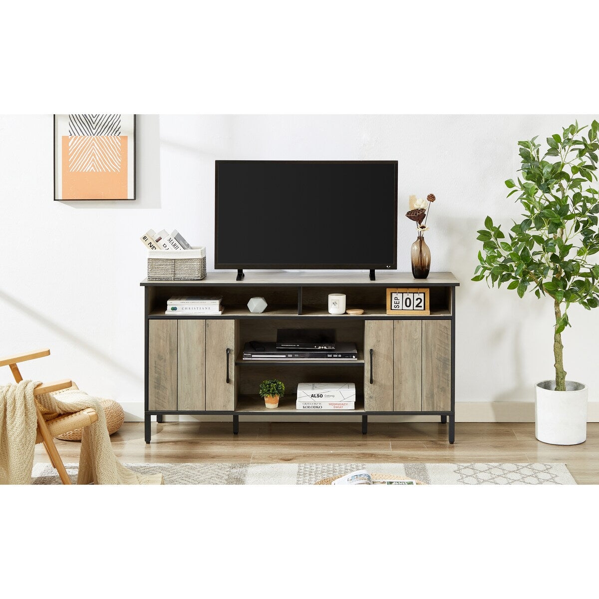TV stand and media entertainment center console with open shelving and two storage cabinets