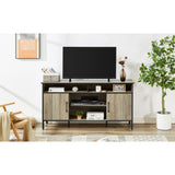 TV stand and media entertainment center console with open shelving and two storage cabinets