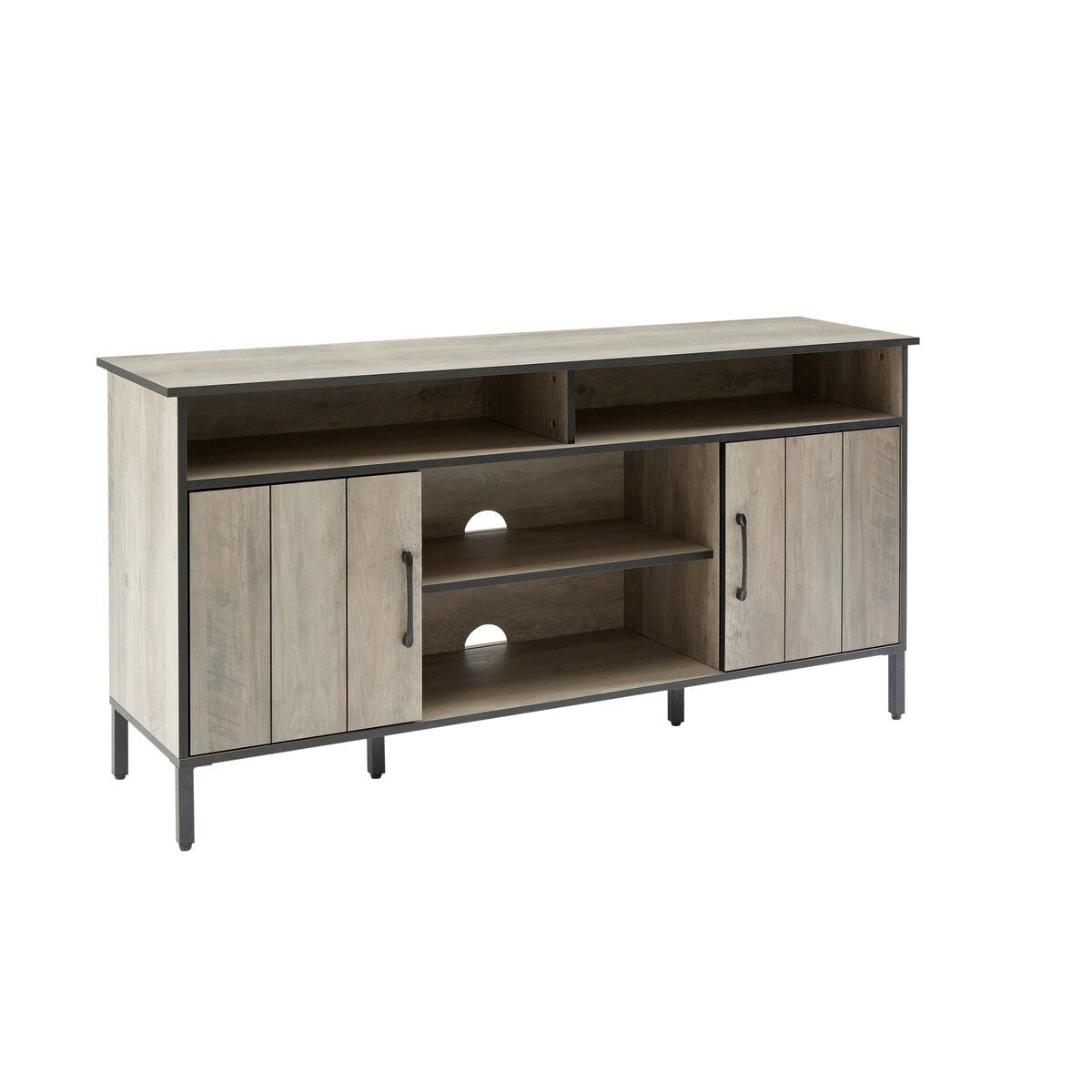 TV stand and media entertainment center console with open shelving and two storage cabinets