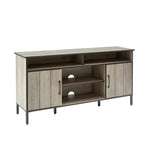 TV stand and media entertainment center console with open shelving and two storage cabinets