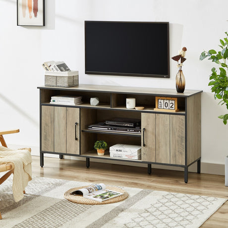 TV stand and media entertainment center console with open shelving and two storage cabinets