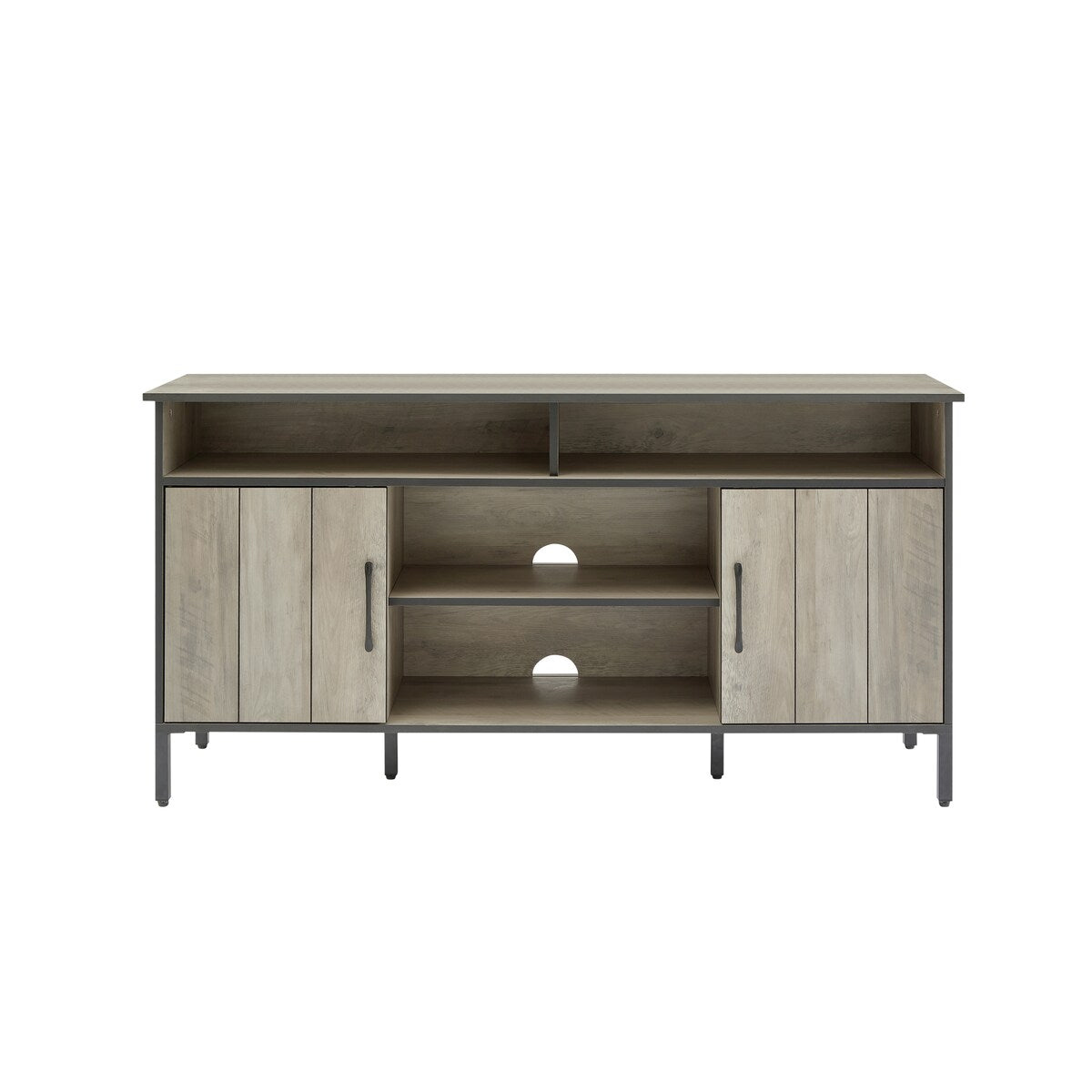 TV stand and media entertainment center console with open shelving and two storage cabinets