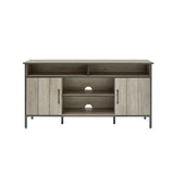 TV stand and media entertainment center console with open shelving and two storage cabinets