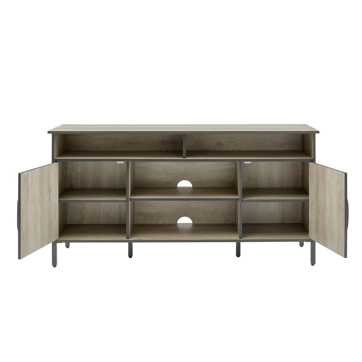 TV stand and media entertainment center console with open shelving and two storage cabinets
