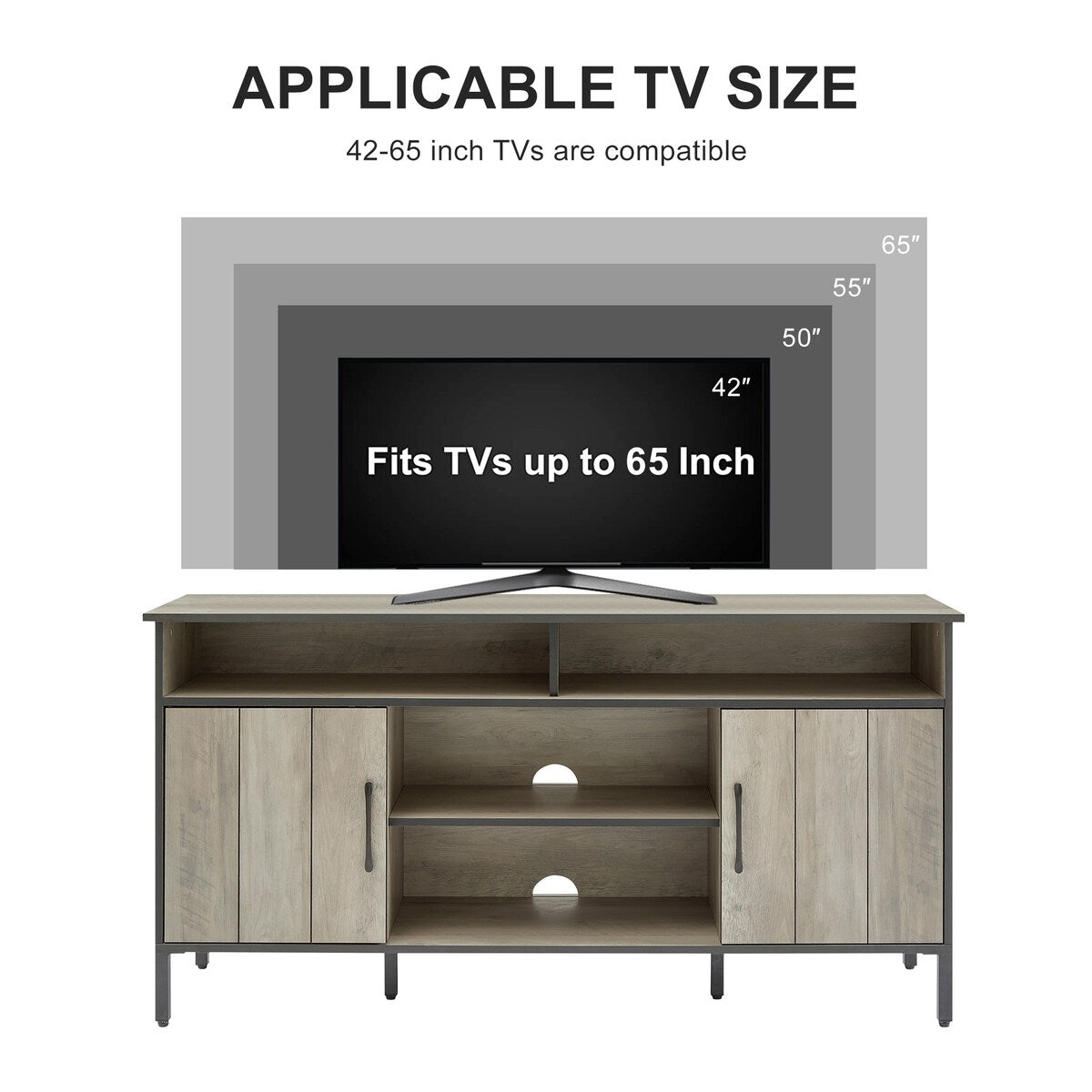 TV stand and media entertainment center console with open shelving and two storage cabinets
