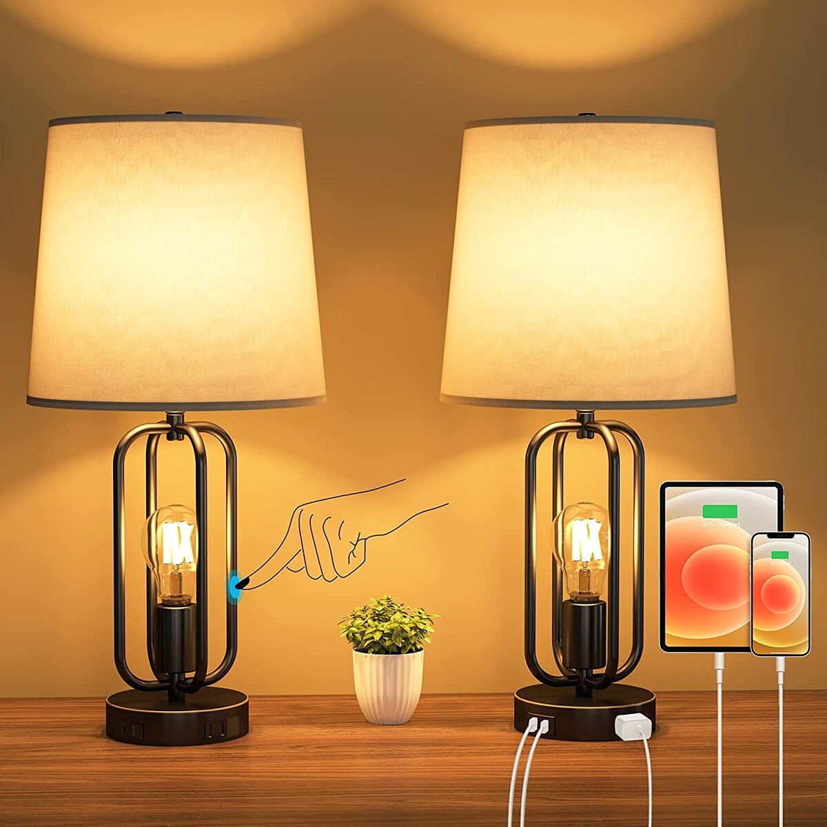 Table Lamps Set of 2 Industrial Touch Control Desk Lamp with 2 USB Ports and AC Outlet