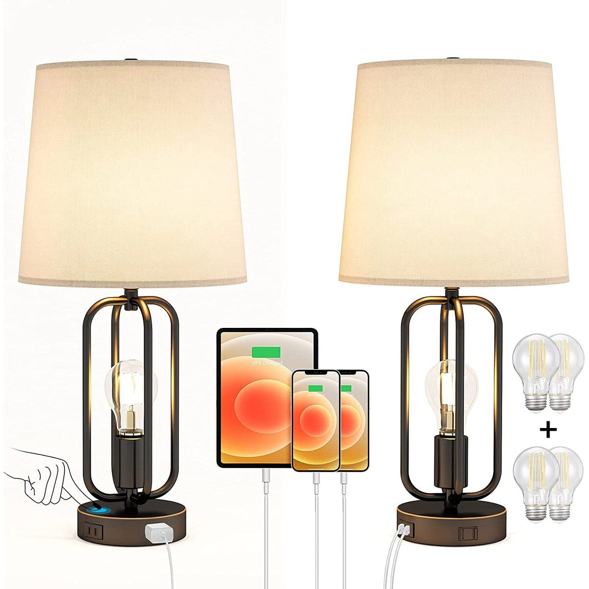 Table Lamps Set of 2 Industrial Touch Control Desk Lamp with 2 USB Ports and AC Outlet