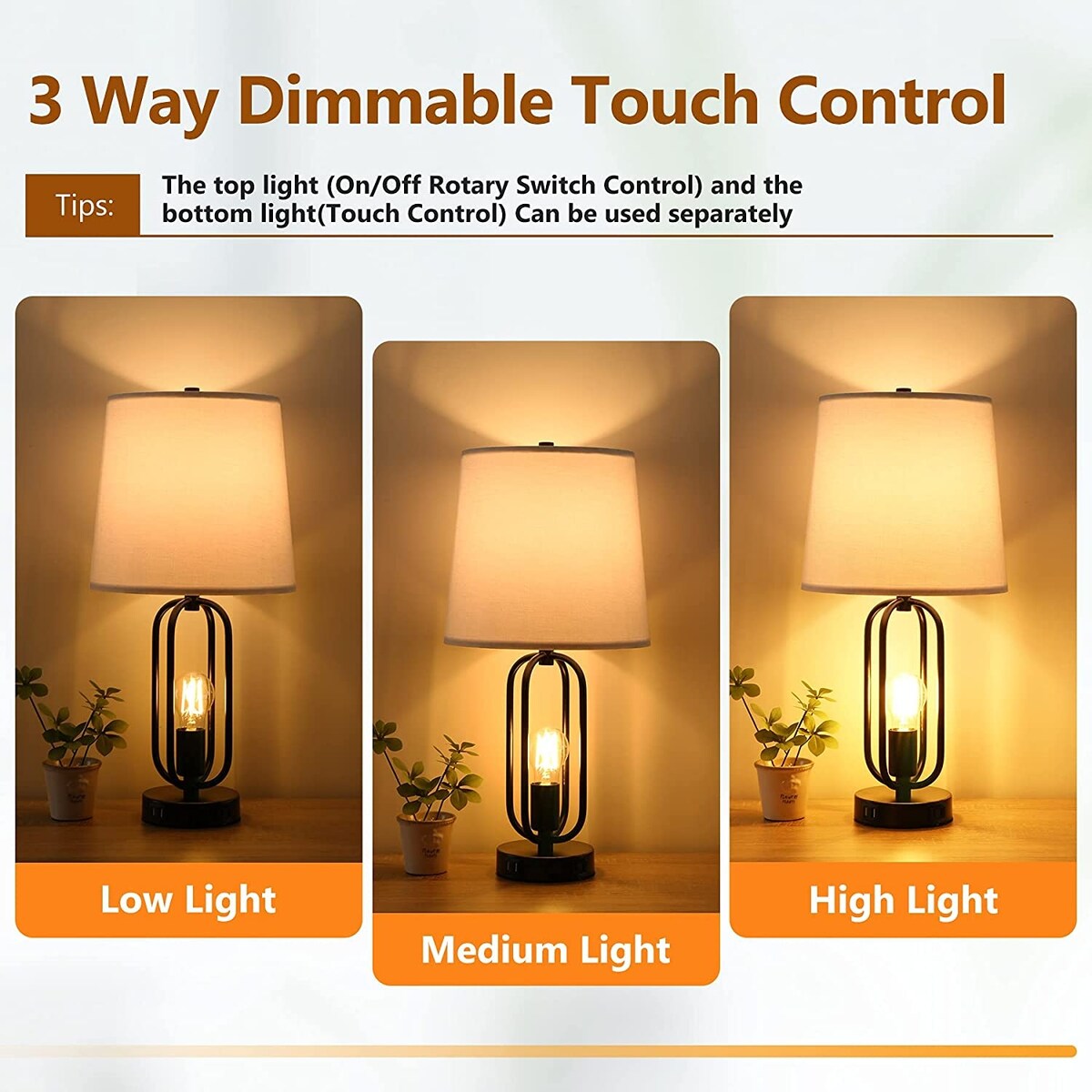 Table Lamps Set of 2 Industrial Touch Control Desk Lamp with 2 USB Ports and AC Outlet