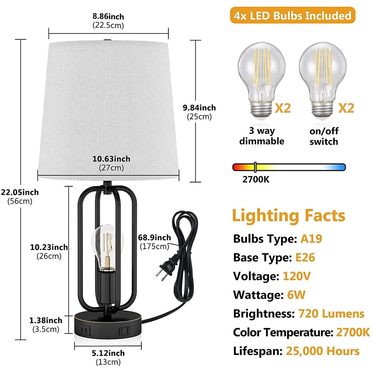 Table Lamps Set of 2 Industrial Touch Control Desk Lamp with 2 USB Ports and AC Outlet