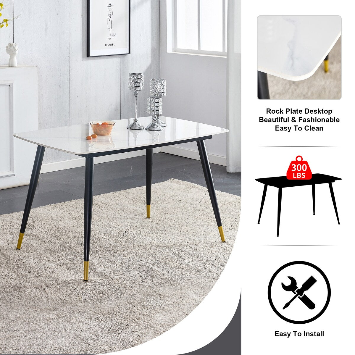 Table and chair set. Black sintered stone tabletop with black metal legs