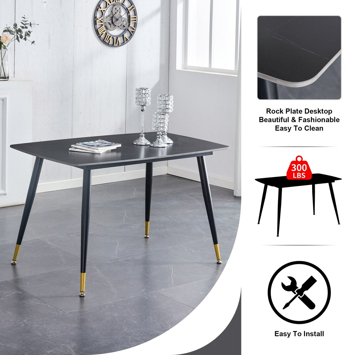 Table and chair set. Black sintered stone tabletop with black metal legs