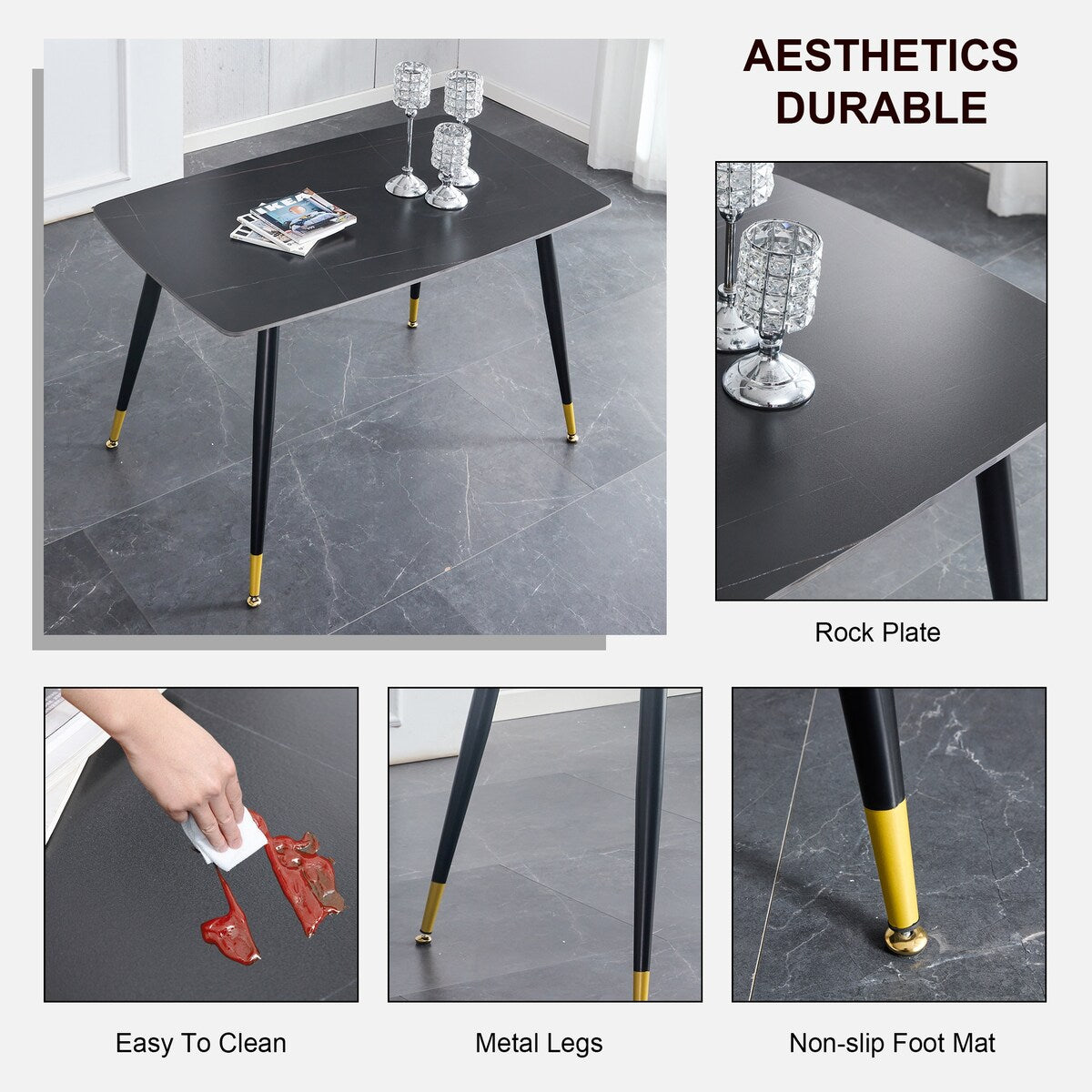 Table and chair set. Black sintered stone tabletop with black metal legs