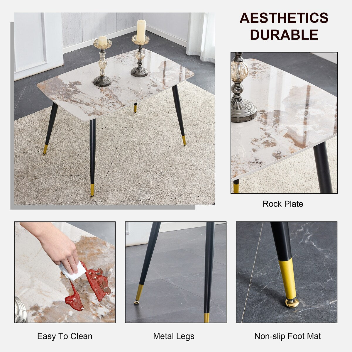 Table and chair set. Black sintered stone tabletop with black metal legs