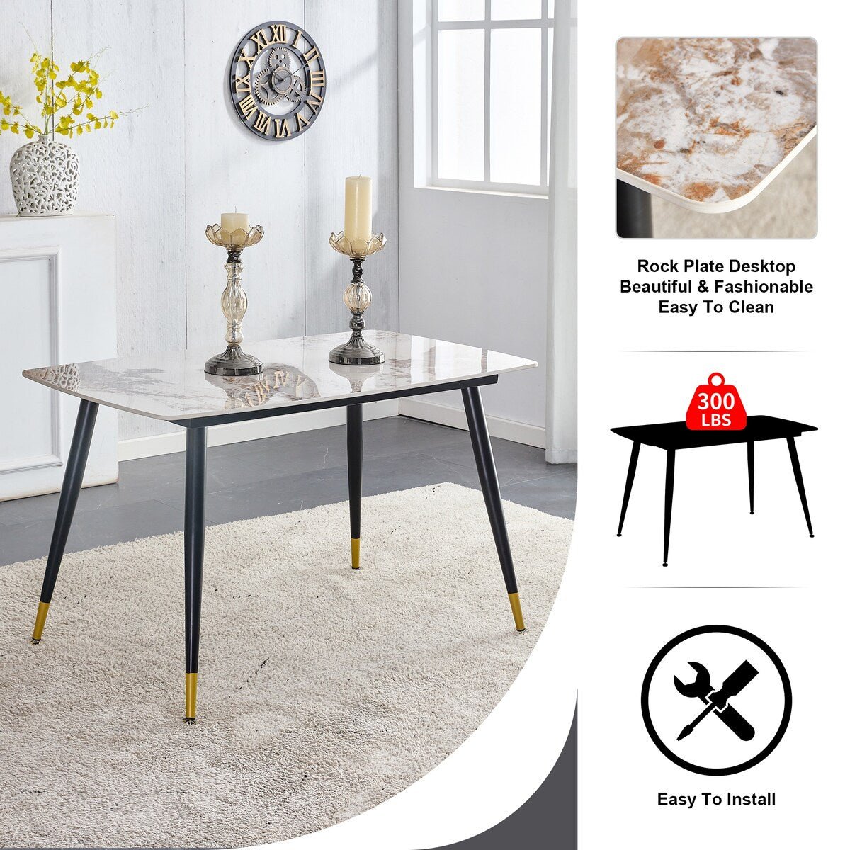 Table and chair set. Black sintered stone tabletop with black metal legs