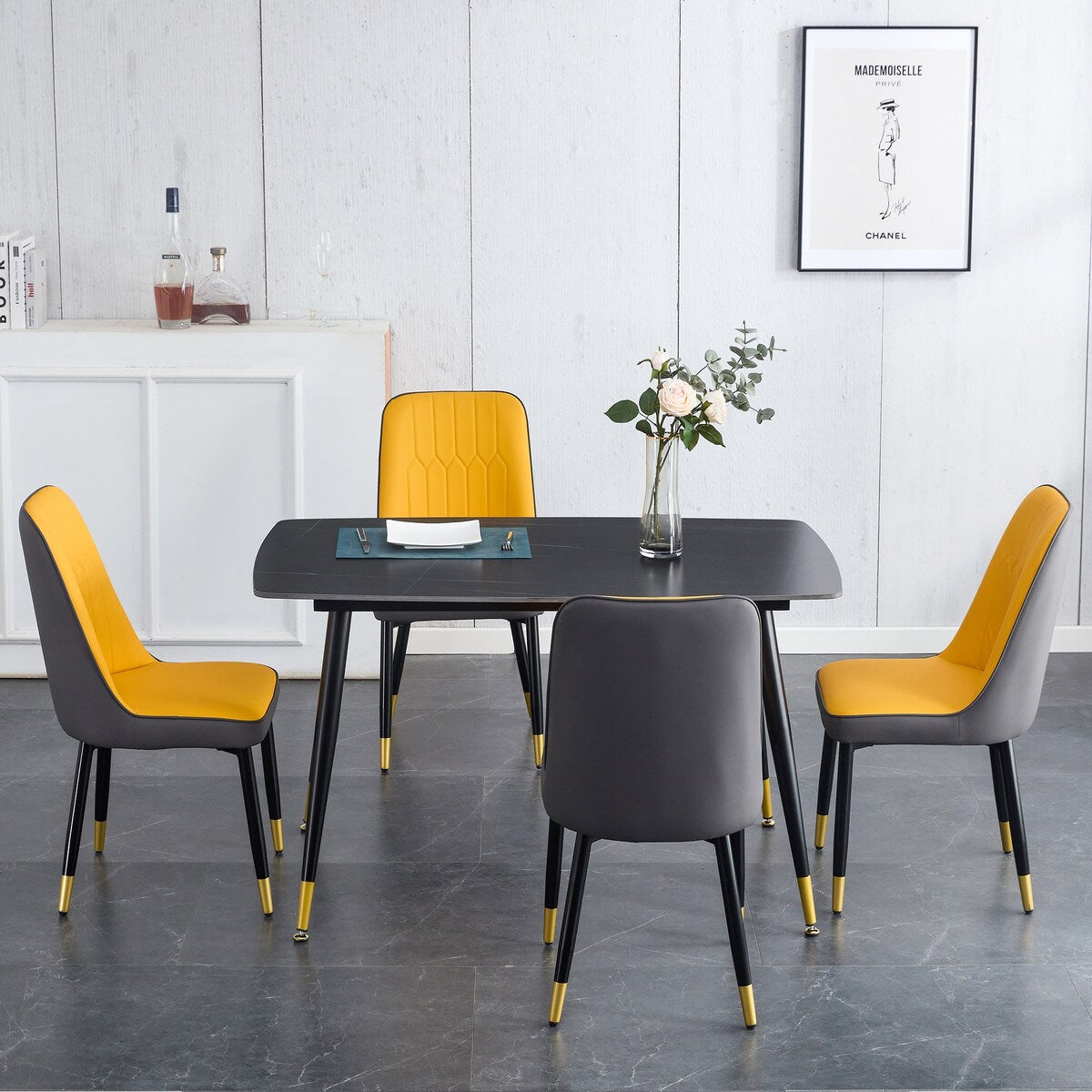 Table and chair set. Black sintered stone tabletop with black metal legs