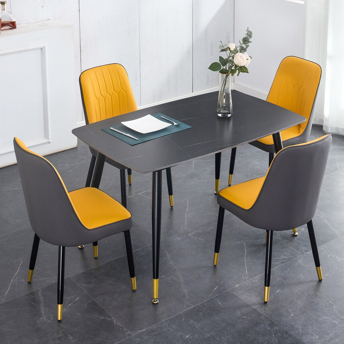 Table and chair set. Black sintered stone tabletop with black metal legs