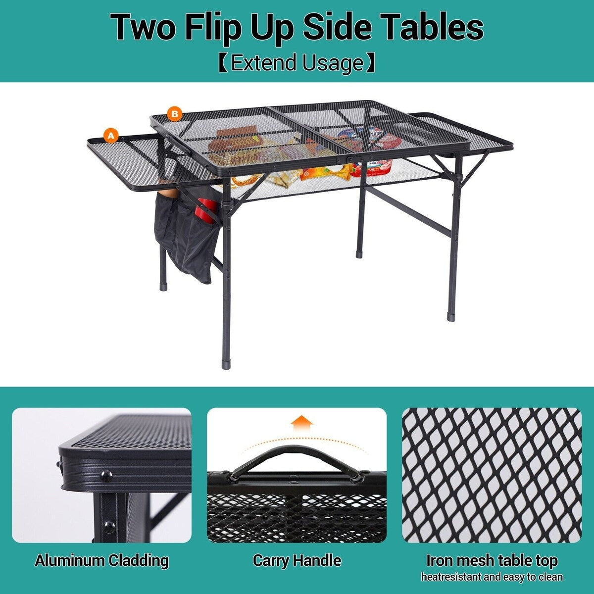 Table for Grill, Folding Camping Table, Card Table Adjustable Height & Width, Mesh Bag, Side-Pocket, Portable Outdoor & Indoor