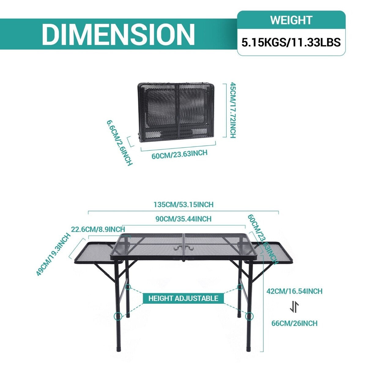Table for Grill, Folding Camping Table, Card Table Adjustable Height & Width, Mesh Bag, Side-Pocket, Portable Outdoor & Indoor