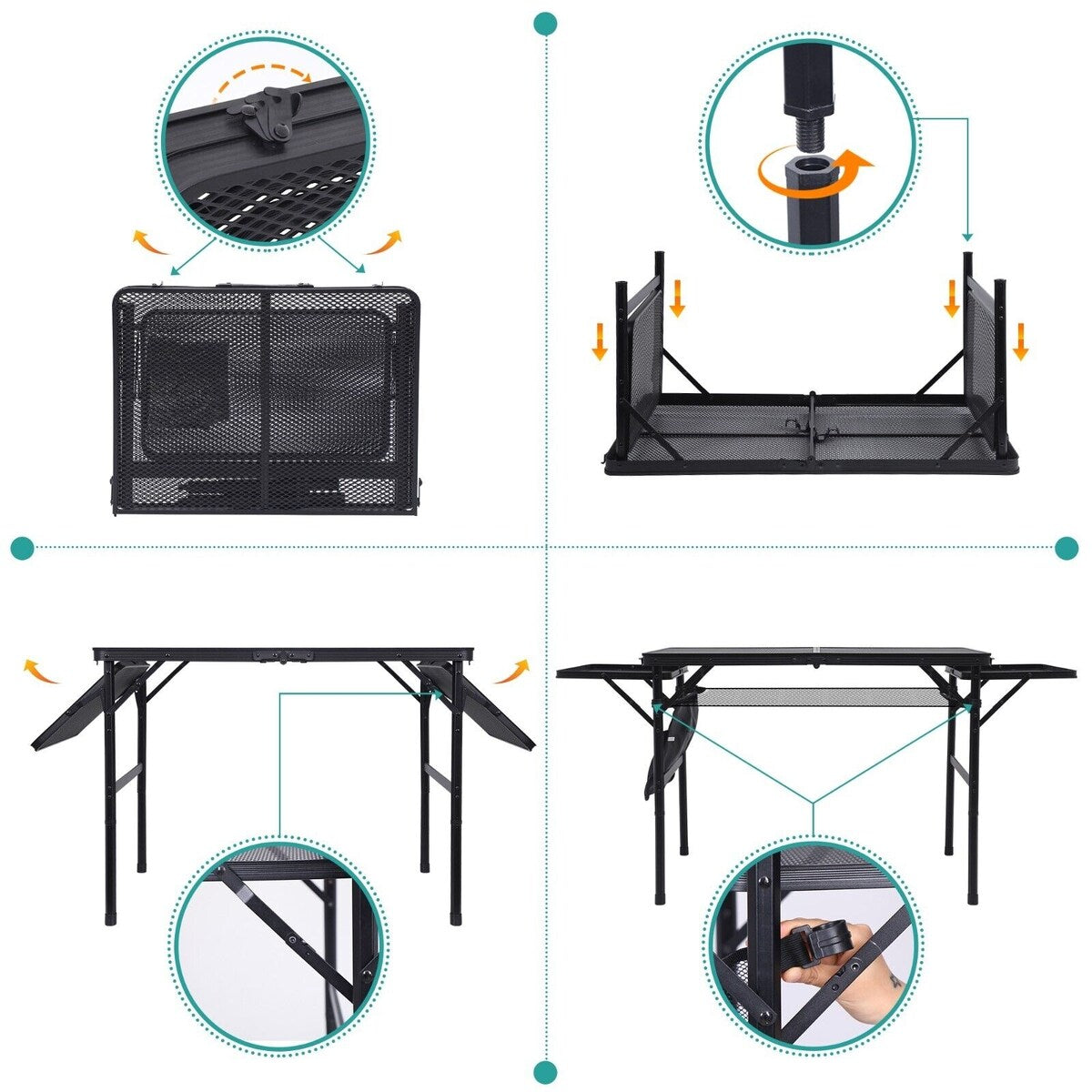 Table for Grill, Folding Camping Table, Card Table Adjustable Height & Width, Mesh Bag, Side-Pocket, Portable Outdoor & Indoor