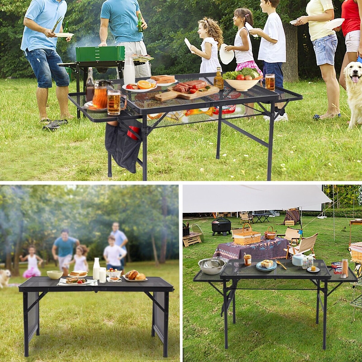 Table for Grill, Folding Camping Table, Card Table Adjustable Height & Width, Mesh Bag, Side-Pocket, Portable Outdoor & Indoor