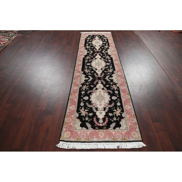 Tabriz Floral Hand Made Wool & Silk Persian Rug - 10'5" x 2'11" Runner
