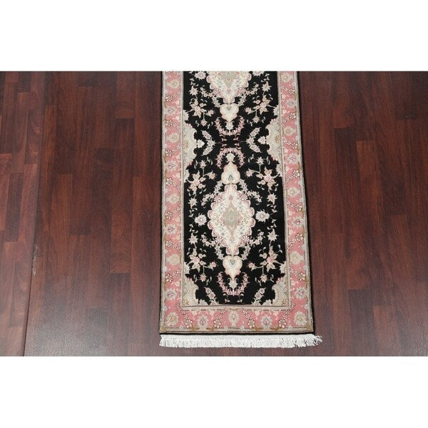 Tabriz Floral Hand Made Wool & Silk Persian Rug - 10'5" x 2'11" Runner