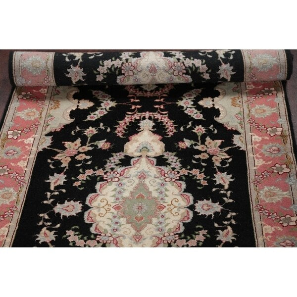 Tabriz Floral Hand Made Wool & Silk Persian Rug - 10'5" x 2'11" Runner
