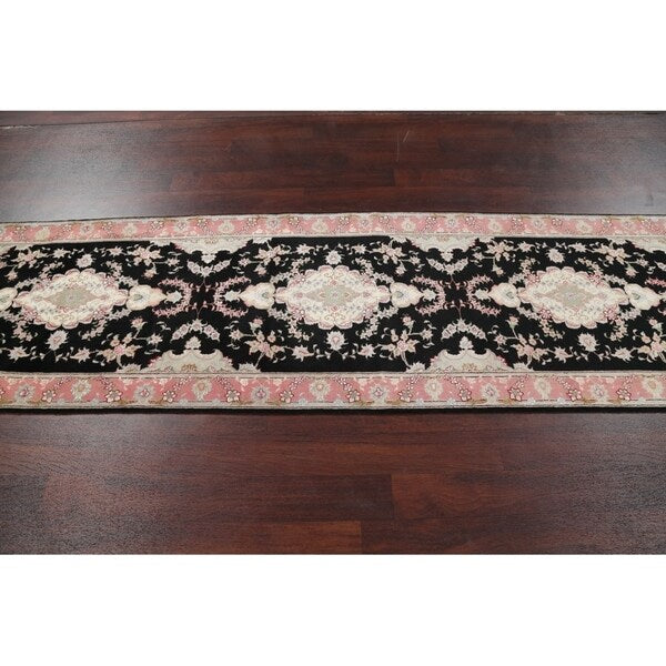 Tabriz Floral Hand Made Wool & Silk Persian Rug - 10'5" x 2'11" Runner