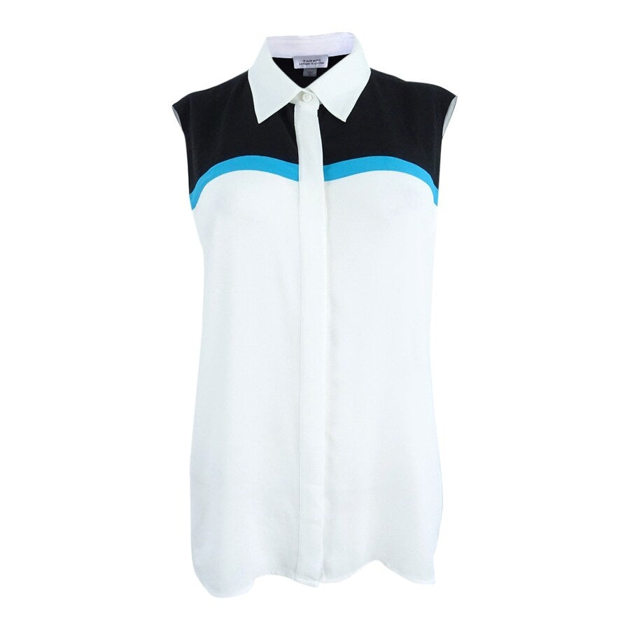Tahari ASL Women's Colorblocked Blouse (L, Ivory/Black/Turquoise)