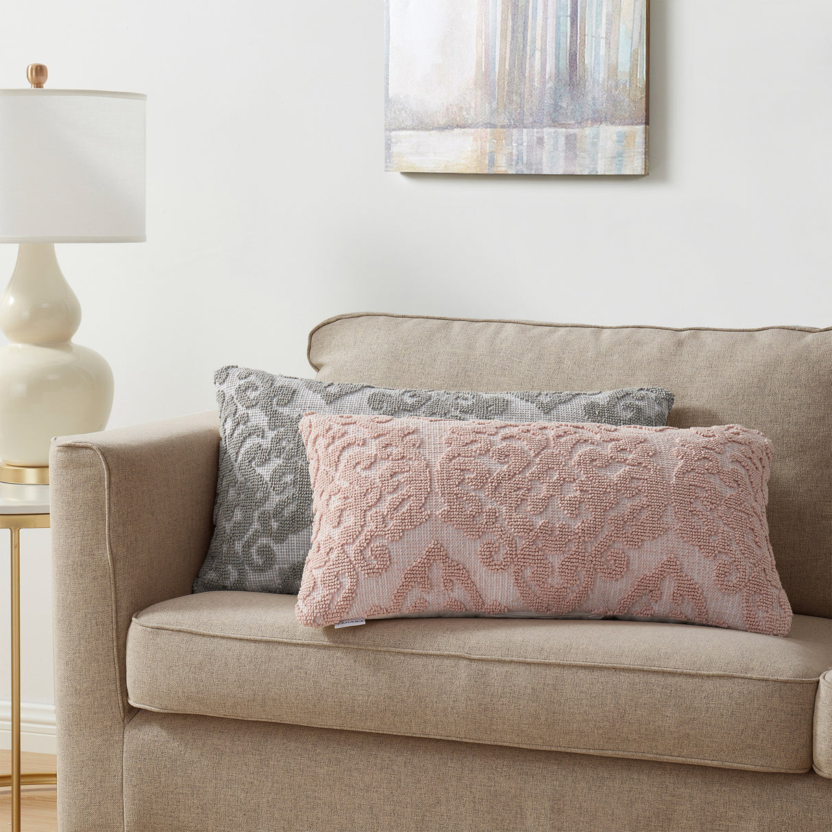 Tahari Home Bristol Damask Cotton Decorative Pillow, 20"x20", White/ Blush - White/ Blush