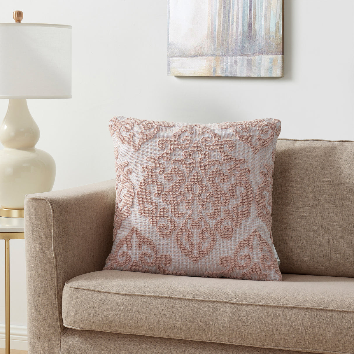 Tahari Home Bristol Damask Cotton Decorative Pillow, 20"x20", White/ Blush - White/ Blush