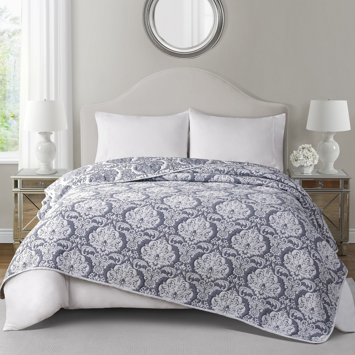 Tahari Home Hannah Damask Reversible Matelassé Coverlet