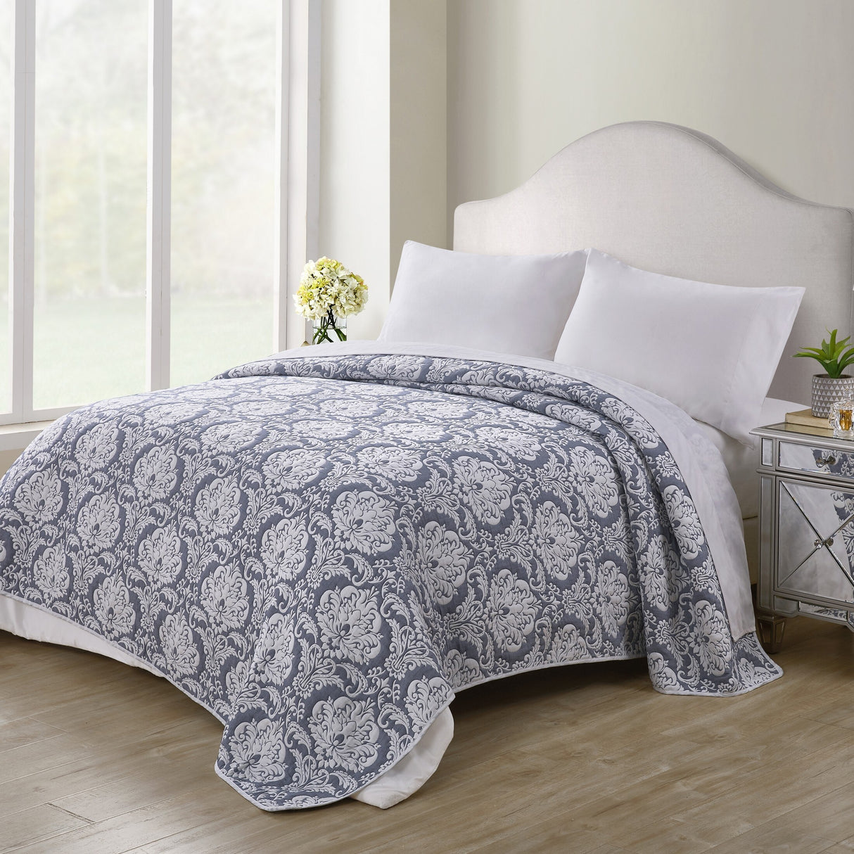 Tahari Home Hannah Damask Reversible Matelassé Coverlet