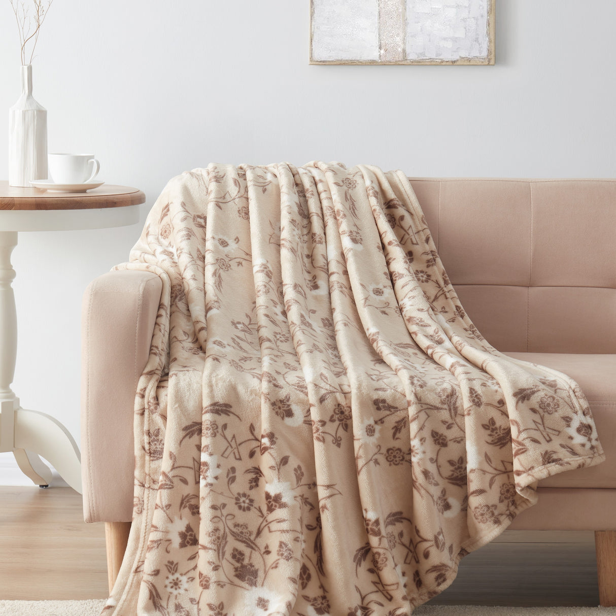 Tahari Home Ilara Neutral Floral Damask Printed Plush Throw, 50" x 70"
