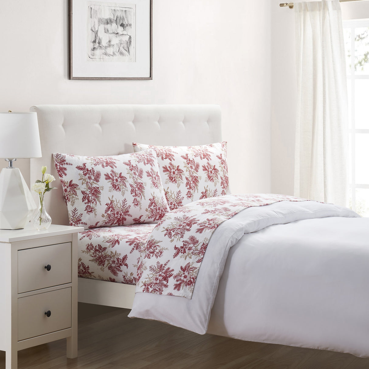 Tahari Home Toile Red Triple Brushed Cotton Flannel Bed Sheet Set