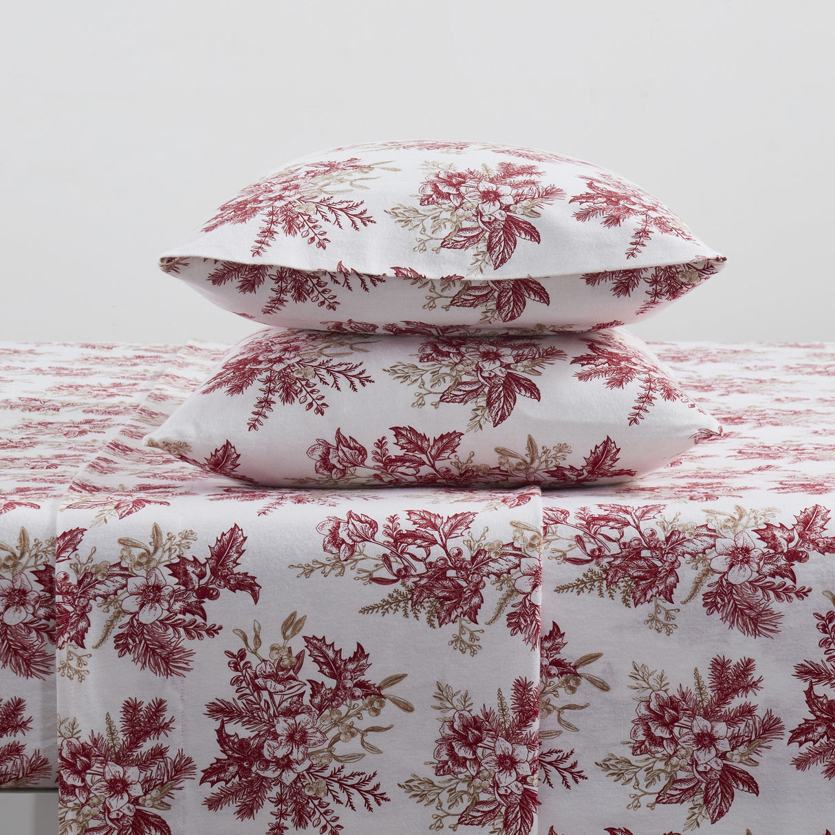 Tahari Home Toile Red Triple Brushed Cotton Flannel Bed Sheet Set