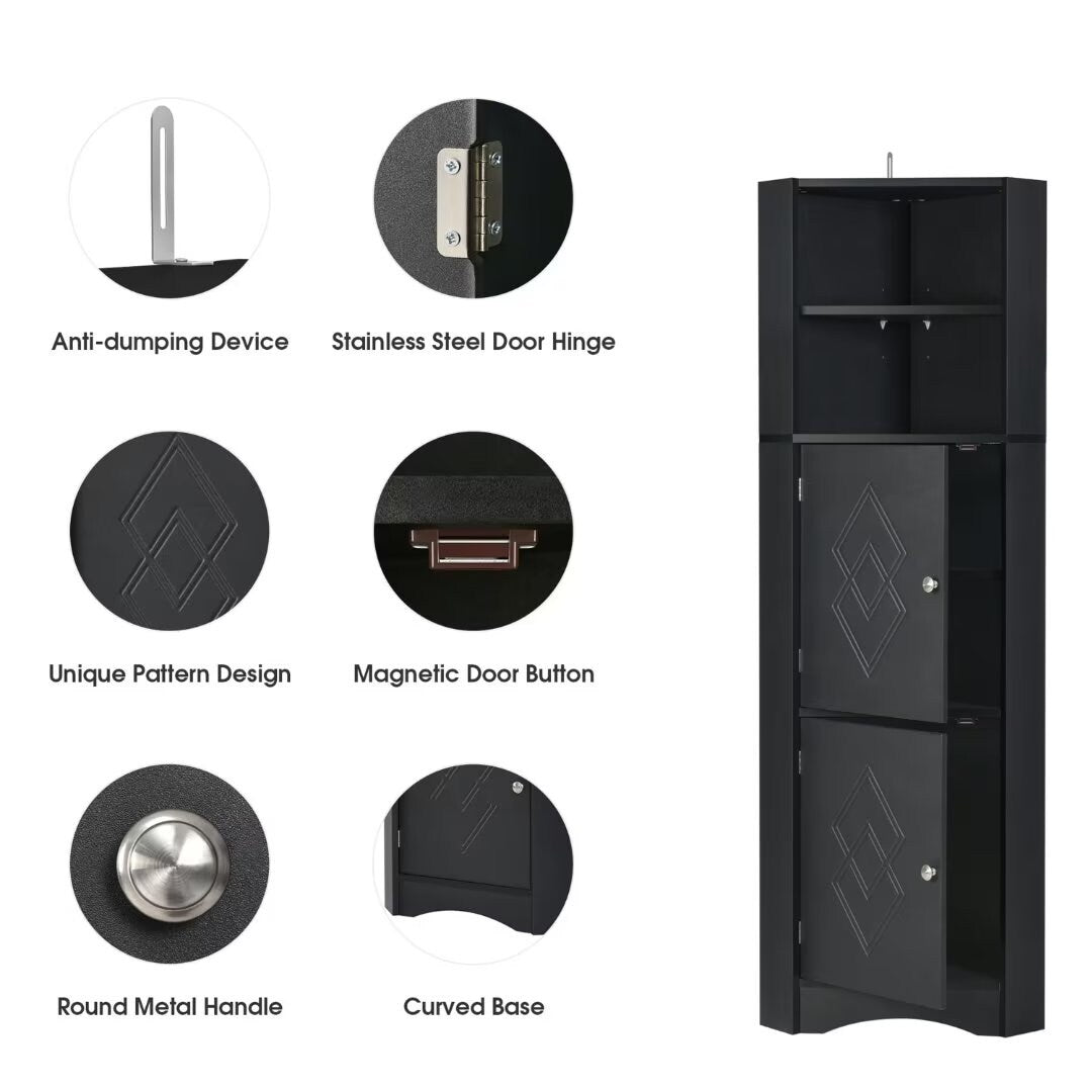 Tall Bathroom Corner Cabinet, with Doors and Adjustable Shelves - 14.96" x 14.96"x 61.02"