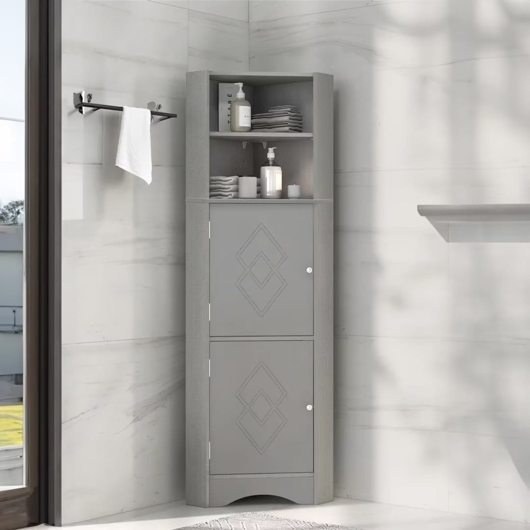 Tall Bathroom Corner Cabinet, with Doors and Adjustable Shelves - 14.96" x 14.96"x 61.02"