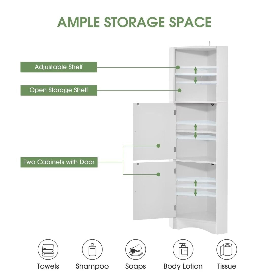 Tall Bathroom Corner Cabinet, with Doors and Adjustable Shelves - 14.96" x 14.96"x 61.02"