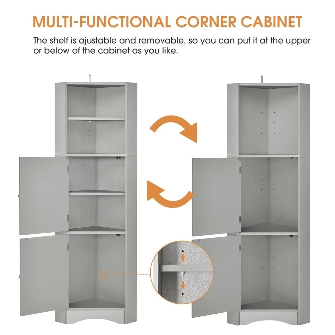 Tall Bathroom Corner Cabinet, with Doors and Adjustable Shelves - 14.96" x 14.96"x 61.02"