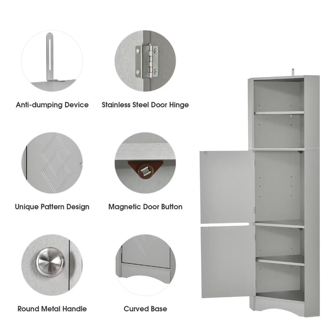Tall Bathroom Corner Cabinet, with Doors and Adjustable Shelves - 14.96" x 14.96"x 61.02"
