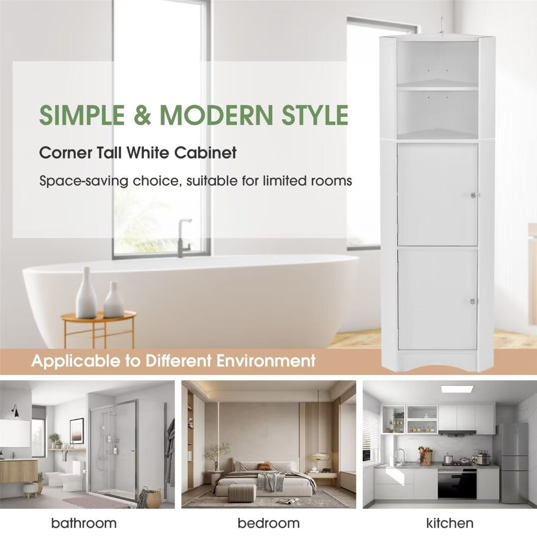 Tall Bathroom Corner Cabinet, with Doors and Adjustable Shelves - 14.96" x 14.96"x 61.02"