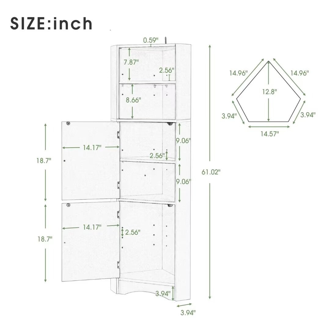 Tall Bathroom Corner Cabinet, with Doors and Adjustable Shelves - 14.96" x 14.96"x 61.02"