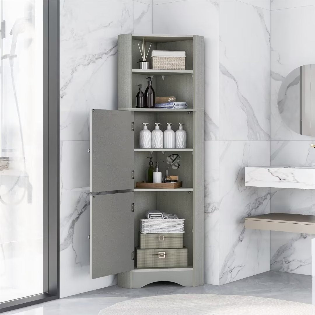 Tall Bathroom Corner Cabinet, with Doors and Adjustable Shelves - 14.96" x 14.96"x 61.02"