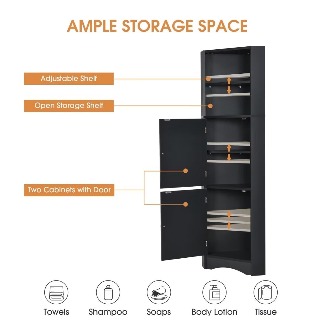 Tall Bathroom Corner Cabinet, with Doors and Adjustable Shelves - 14.96" x 14.96"x 61.02"