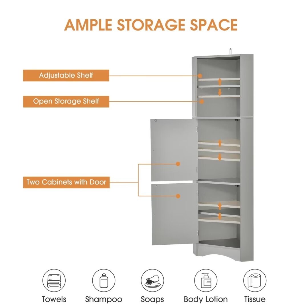 Tall Bathroom Corner Cabinet, with Doors and Adjustable Shelves - 14.96" x 14.96"x 61.02"