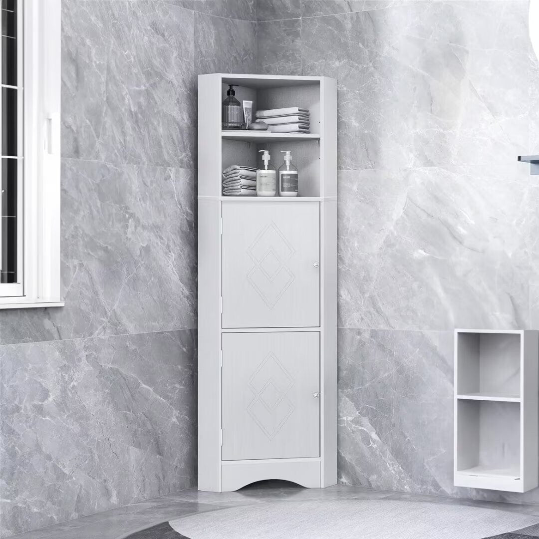 Tall Bathroom Corner Cabinet, with Doors and Adjustable Shelves - 14.96" x 14.96"x 61.02"