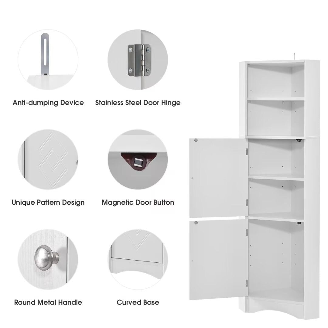 Tall Bathroom Corner Cabinet, with Doors and Adjustable Shelves - 14.96" x 14.96"x 61.02"