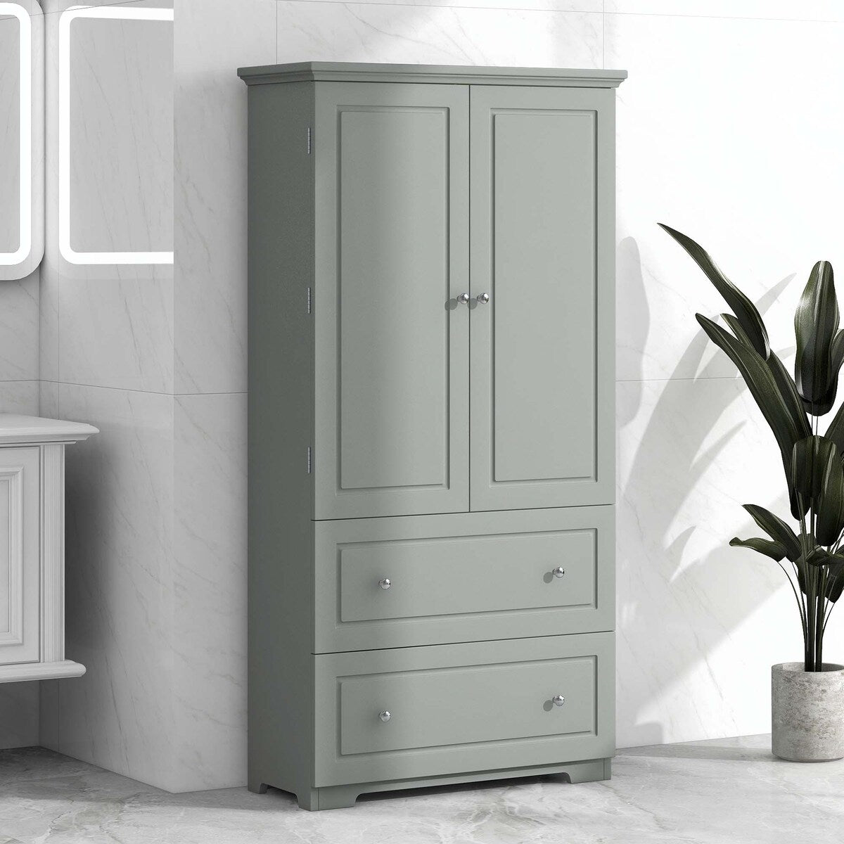 Tall Bathroom Storage Cabinet with Drawers and Adjustable Shelf - N/A